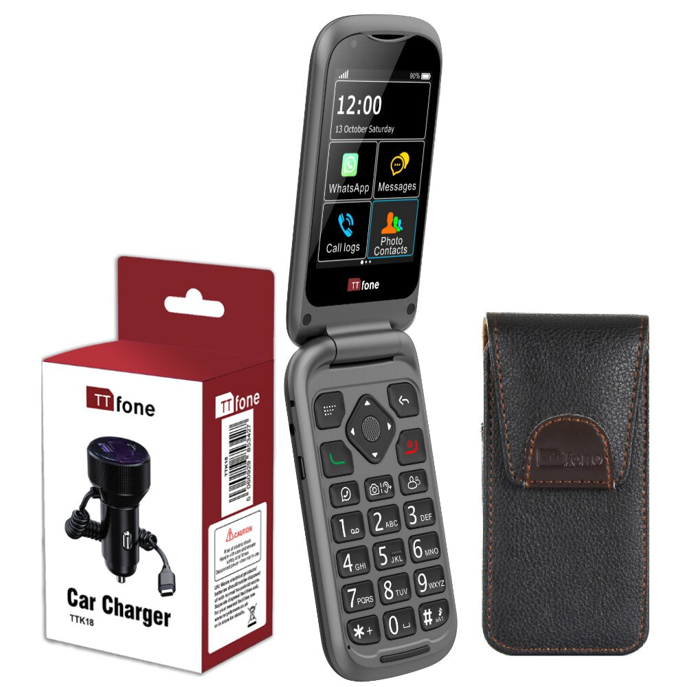 Bundle offer for TTfone TT970 4G WhatsApp Flip Big Button Senior Mobile with Nylon Holster Case (TTCB9) and Car Charger (TTCC), Vodafone Pay As You Go